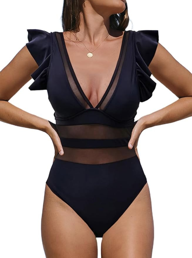 Hilinker Women's Sexy Mesh One Piece Swimsuit V Neck Ruffle Sleeves Patchwork Bathing Suit | Amazon (US)