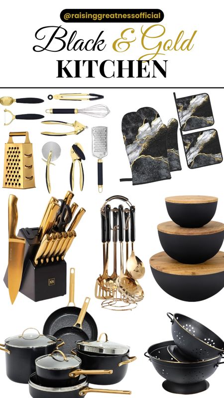 Step into your black and gold kitchen sanctuary! ⚫✨ Elevate your culinary space with exquisite essentials: a sleek knife set, stylish kitchen utensils, chic mittens, premium pots and pans, a sophisticated peppermints container, and elegant coasters. Infuse your kitchen with timeless luxury and charm. Let every detail exude opulence and sophistication! 🍽️✨ #BlackAndGoldKitchen #KitchenEssentials #LuxuryLiving

#LTKsalealert #LTKhome