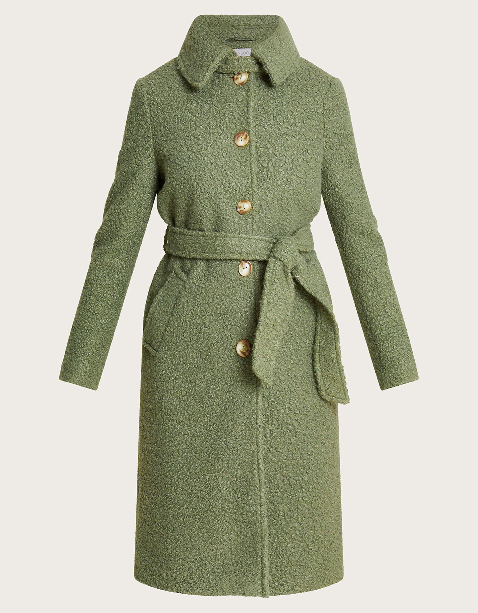 Blair Boucle Single Breasted Belt Coat Green | Monsoon (UK)