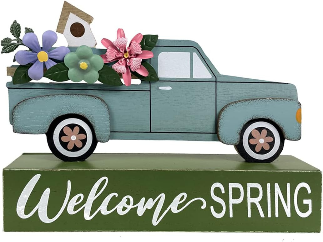 HOMirable Spring Decorations Truck Welcome Spring Block Rustic Wooden Block Vintage Home Décor F... | Amazon (US)