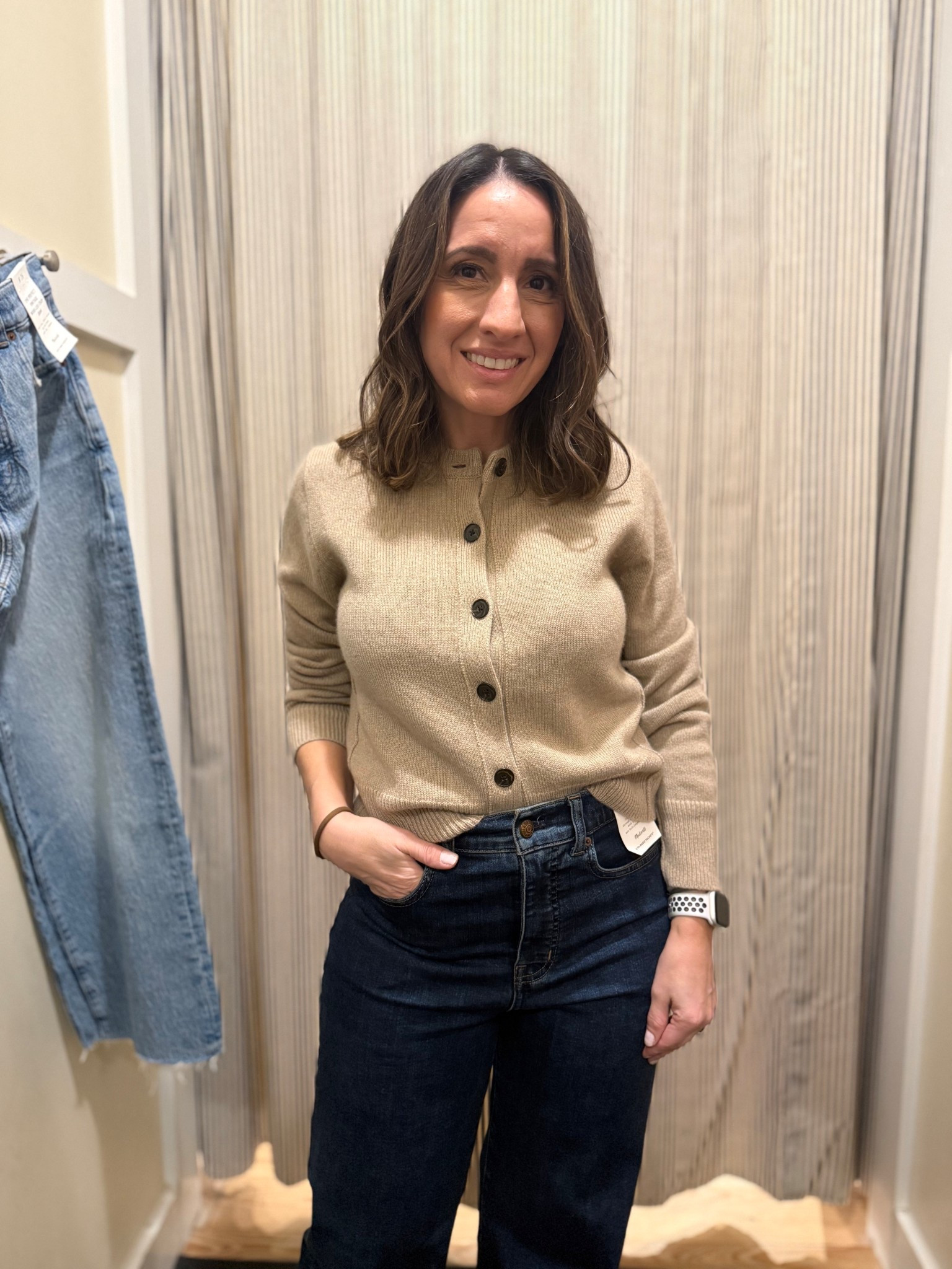 Madewell long sleeved comfy soft cardigan, and Madewell jeans. 
Both run big. Size down 1 size. 
Madewell sale going on. Use code JOLLY for up to 50% off. 
Petite jeans 
Petite denim 

#LTKFindsUnder50 #LTKPetite #LTKFindsUnder100