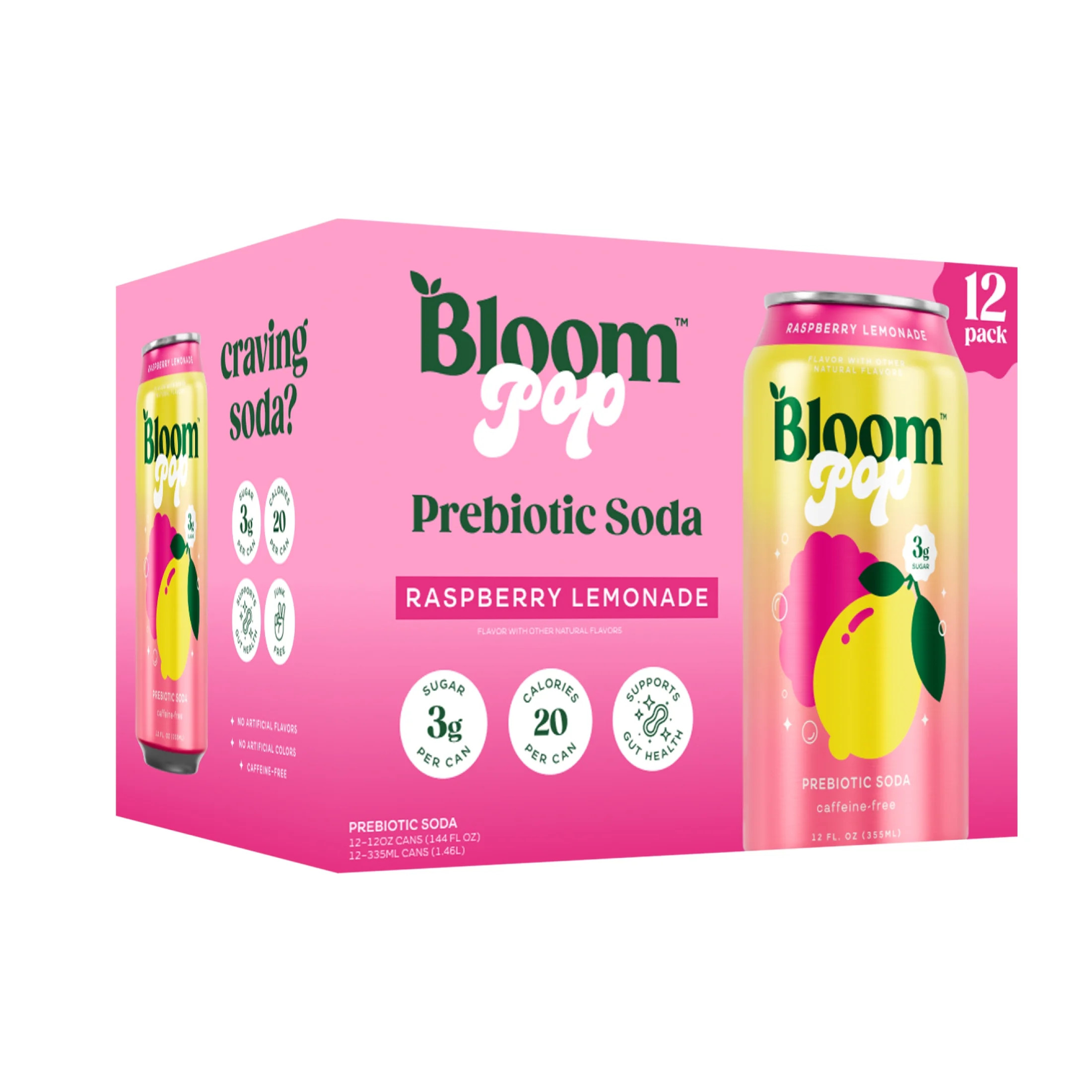 Bloom Pop Prebiotic Soda, Raspberry Lemonade, 12 fl oz, 12 Pack | Walmart (US)