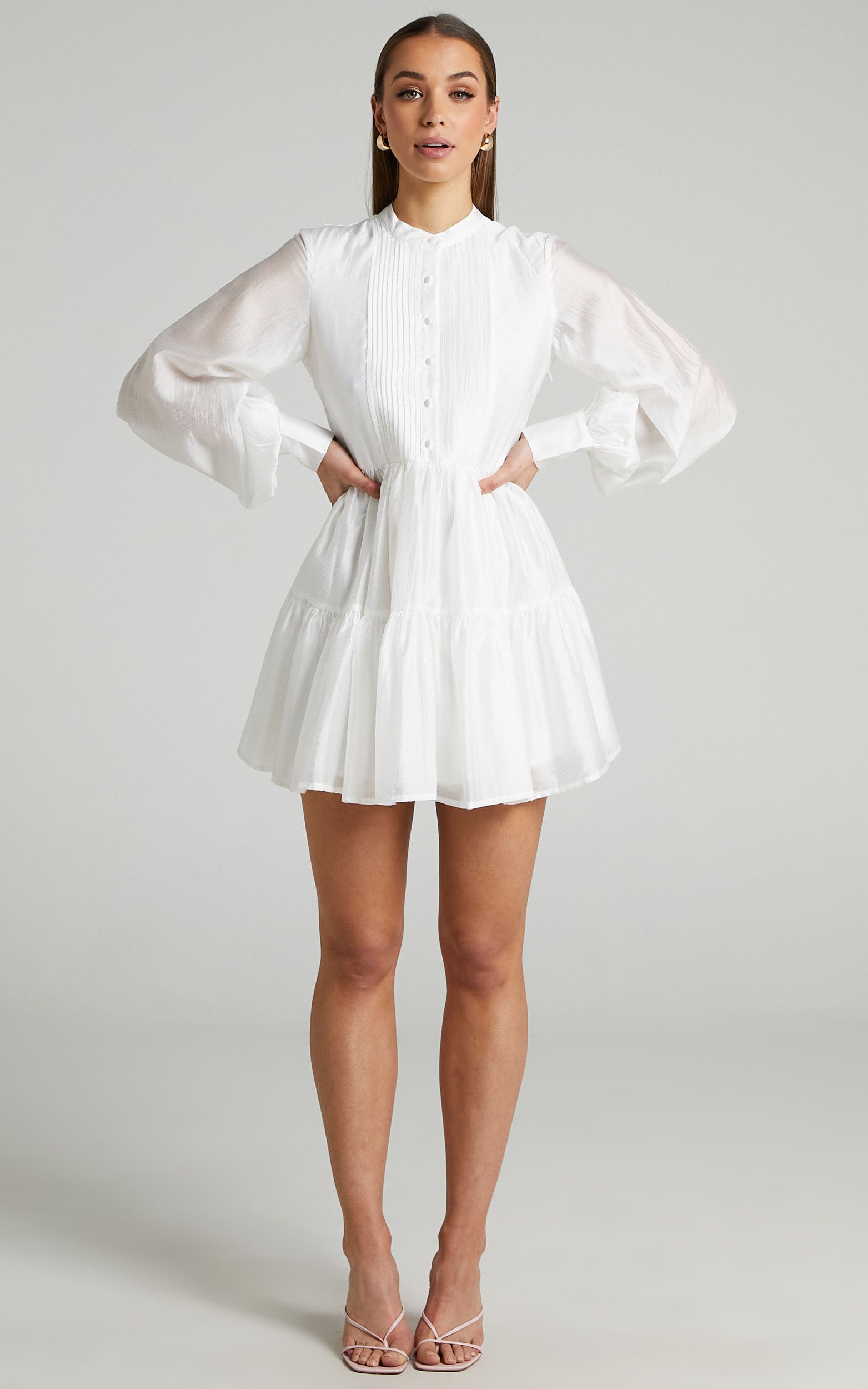 Kyra Pin Tuck Detail Tiered Shift Dress in Off White | Showpo | Showpo - deactived