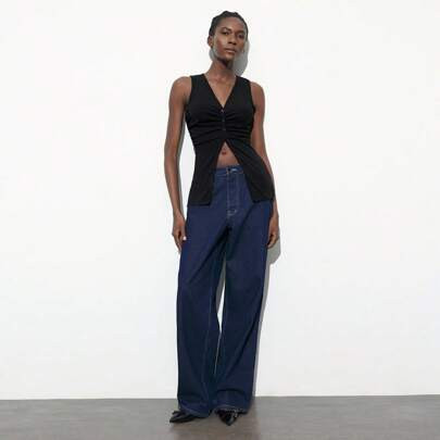 Women's Spring Black Solid V-Neck Ruched Design Sleeveless Long Blouse, Resort Wear,Festival | SHEIN