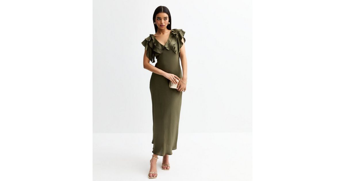 Khaki Satin Ruffled Midi Dress | New Look | New Look (UK)