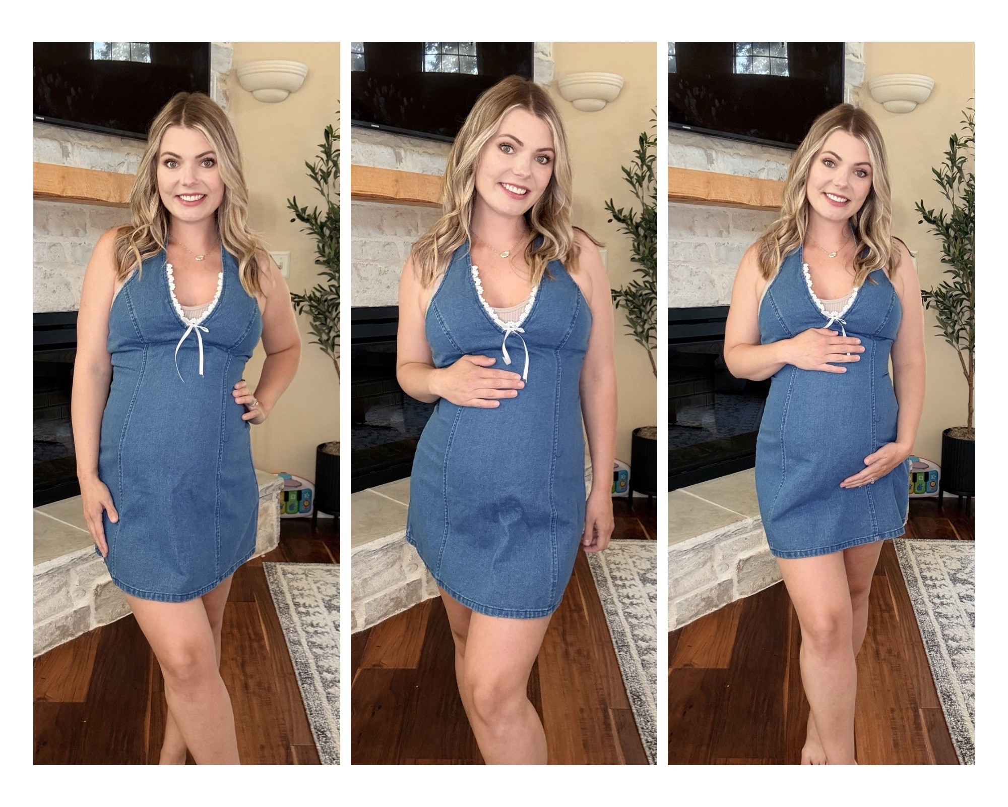 Amazon outfit 
Women's Bow Halter Mini Jean Dress Lace Trim Sleeveless Backless Denim Dresses
Stretchy, soft great for spring and summer 

Bump friendly - size up 
Wearing a mediumm

#LTKBump #LTKmomlife #LTKPetite