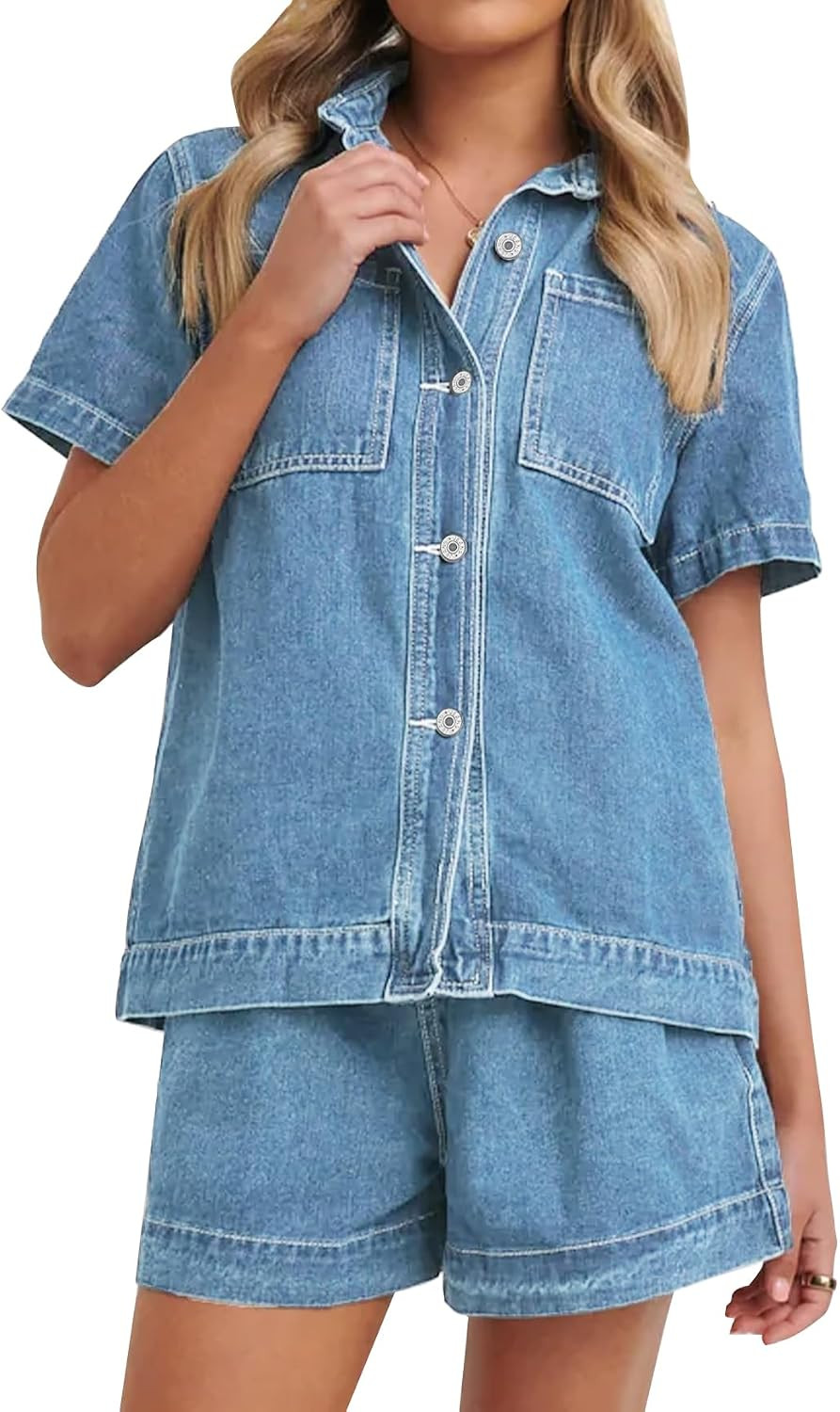 Kedera Summer Denim Set for Women 2 piece Casual Short Sleeve Boxy Shirt Tops and Shorts Pants Lounge Sets Outfits | Amazon (US)