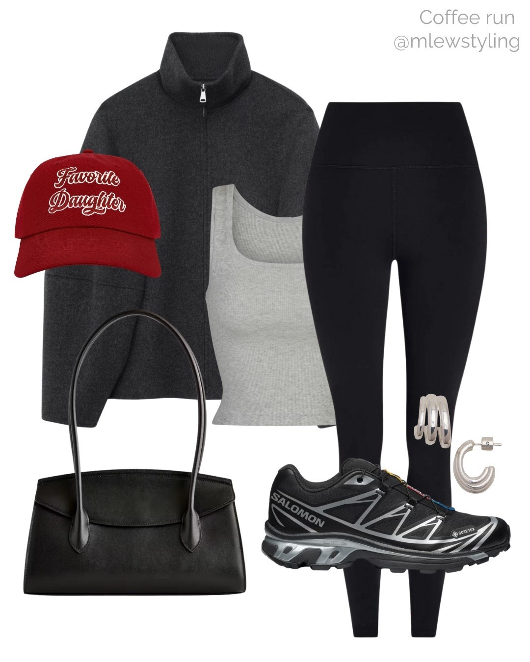 Weekend outfit for a coffee run ♥️

Tags: favourite daughter red baseball cap, Varley black leggings, grey wool jacket, skims tank top, Salomon sneakers, quince leather black bag, banana republic earrings, spring outfit, late winter look, errands outift, school pick up 

#LTKSeasonal #LTKActive #LTKootd