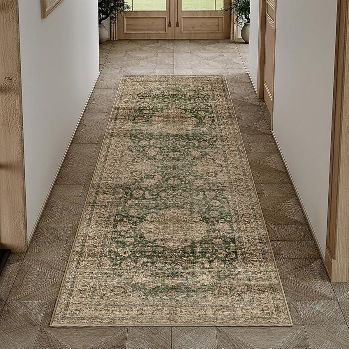 2x6 Washable Vintage Runner Rug Green Brown Hallway Kitchen Carpet Non-Slip Soft Low Pile Distres... | Amazon (US)