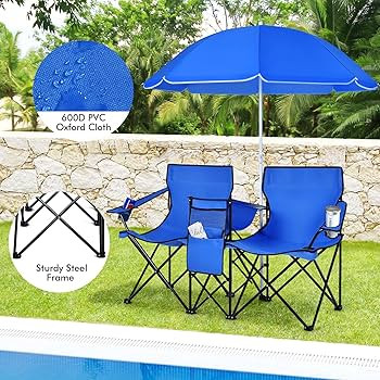 Goplus Double Folding Picnic Chairs w/Umbrella Mini Table Beverage Holder Carrying Bag for Beach ... | Amazon (US)