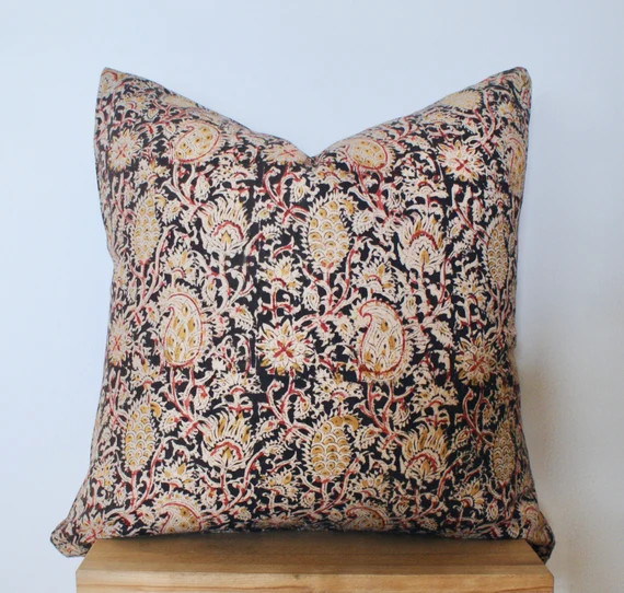 18x18 // 20x20 Hand Block Pillow // Botanical Pillow // Black - Etsy | Etsy (US)