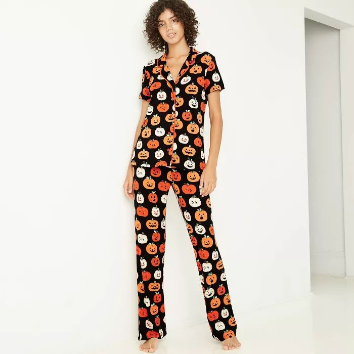 Women's Notch Collar Top Halloween Pajama Set - Nite Nite Munki Munki | Target