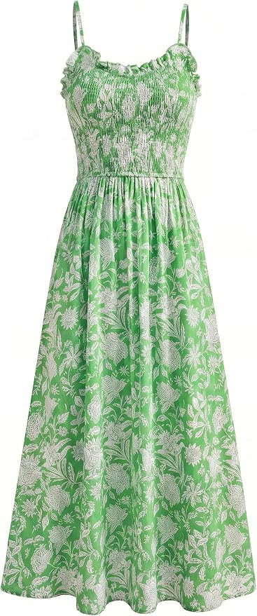 Womens Summer Floral Maxi Long Beach Boho Smocked Spaghetti Strap Dress | Flowy Vacation Sundress... | Amazon (US)