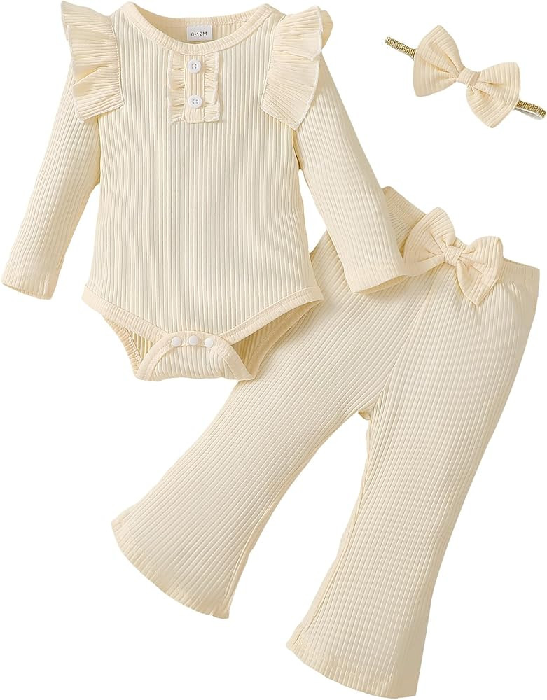Infant Baby Girls Outfit Cute Ruffle Sleeve Ribbed Knit Romper Bodysuit and Flare Pants Clothes S... | Amazon (US)