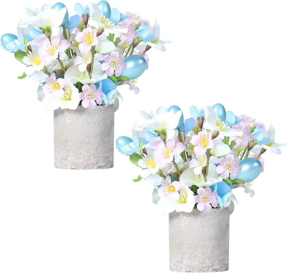 Super Holiday Easter Decorations, 2PCS Artificial Easter Blue Flower Egg Potted Table Decorations... | Amazon (US)