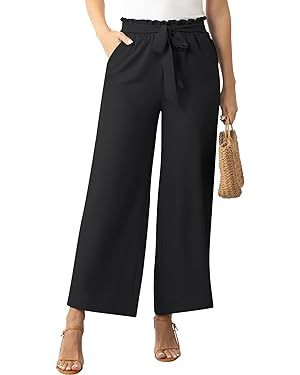 Women's Wide Leg Lounge Pants High Waisted Business Work Casual Pants Adjustable Tie Knot Loose T... | Amazon (US)