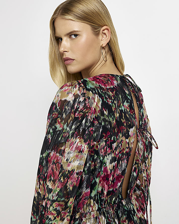 Black floral long sleeve maxi dress | River Island (UK & IE)