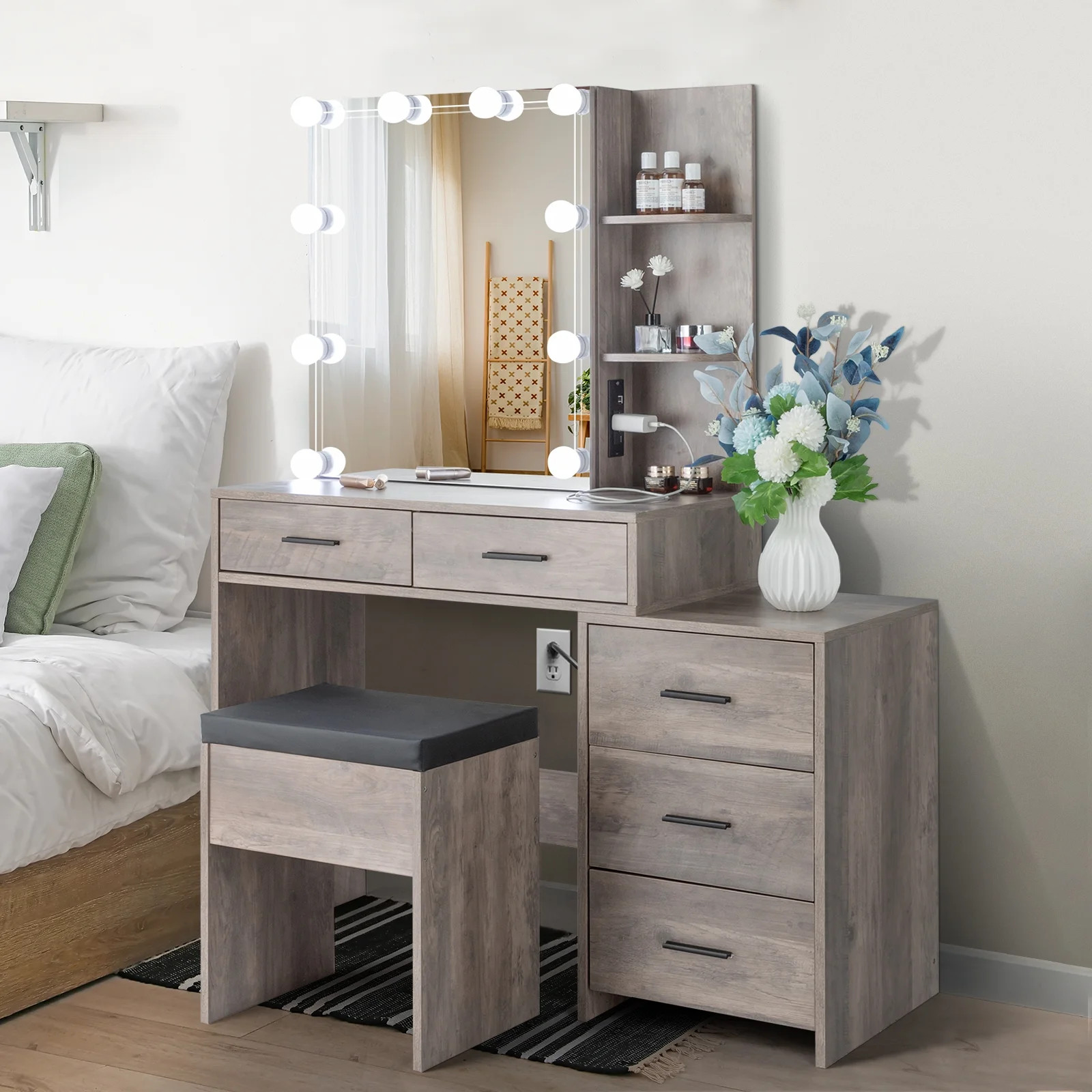 Ktaxon Vanity Set with 3 Color Lighted Mirror & Charging Station, Makeup Table with 3 Storage She... | Walmart (US)