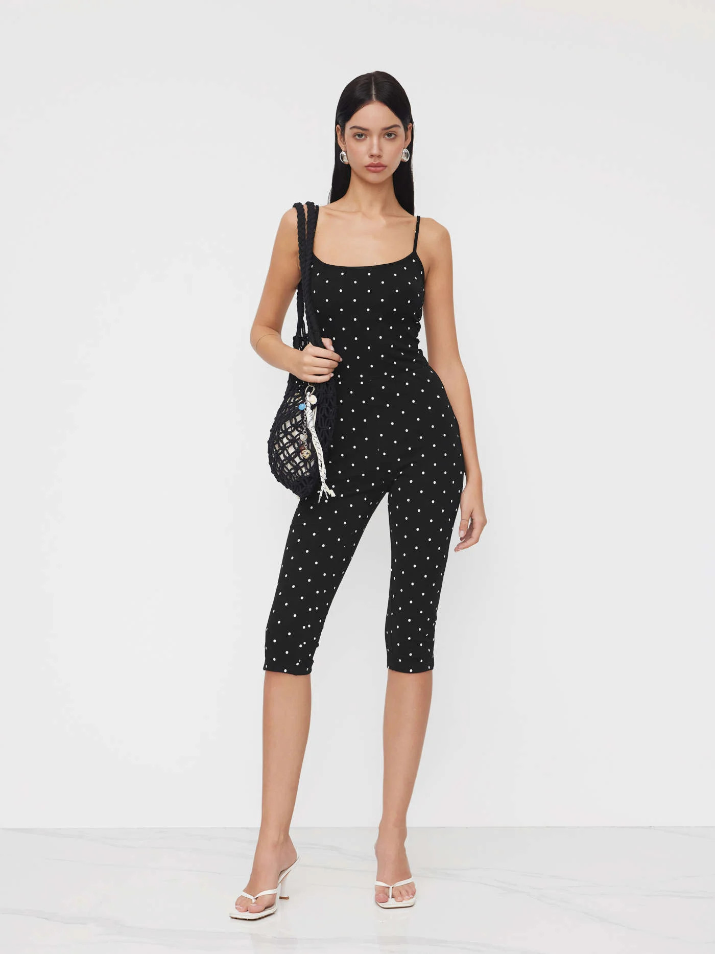 Knit Fabric Cotton-blend Polka Dot Capri Jumpsuit For Daily Casual | Cider