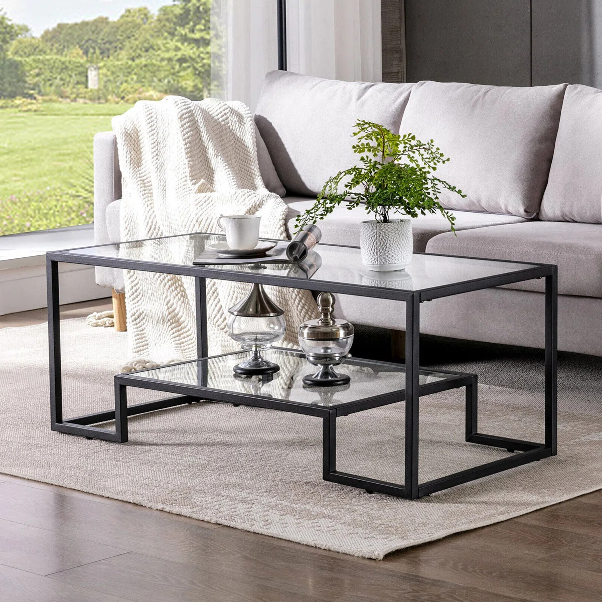 Rectangular Tempered Glass Coffee Table With Metal Frame,accent Modern Side Table With Additional... | Wayfair North America