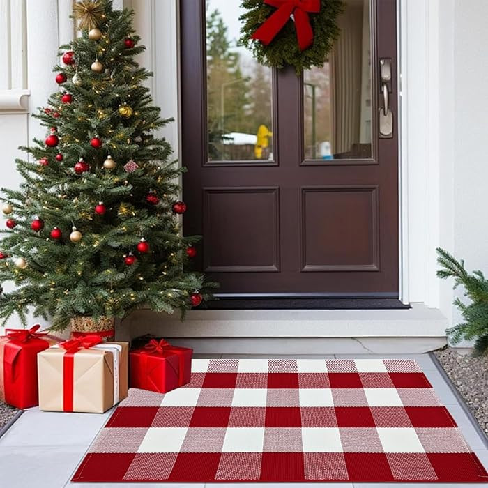 USTIDE Buffalo Check Plaid Doormat Red and White 2'x3'Hand Woven Cotton Plaid Rugs Farmhouse Laye... | Amazon (US)