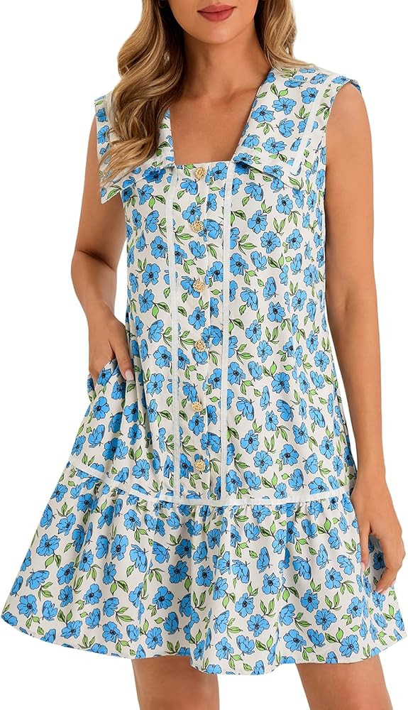Wenrine Womens Mini Shirt Dress Casual Floral Sleeveless Collared Button Down Summer Dresses | Amazon (US)