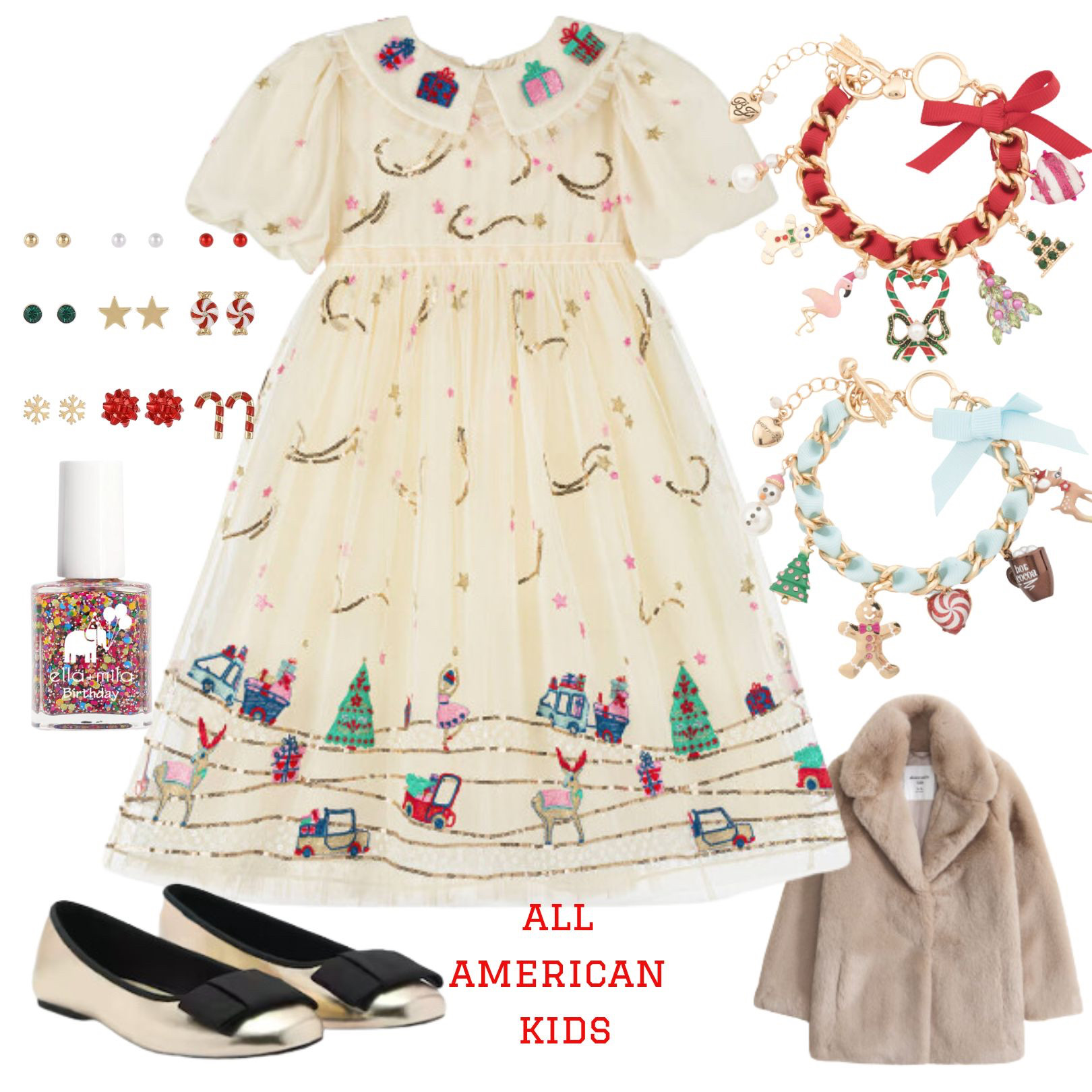 Holiday Magic for Little Fashionistas 🎄✨ The perfect dress to see The Nutcracker or any festive outing! This enchanting embroidered holiday dress, paired with charming bracelets, sparkle nail polish, and a cozy faux fur jacket, will make your little one shine this season. Gold ballet flats add an elegant touch to this dreamy look, ideal for Christmas parties, family photos, and holiday events. Shop all the festive accessories to complete their holiday style! #AllAmericanKids #HolidayOutfit #KidsFashion #ChristmasDress #NutcrackerReady #FestiveFashion #HolidayAccessories #LTKKids #LTKHoliday 

 #LTKCyberWeek #LTKHoliday #LTKFamily