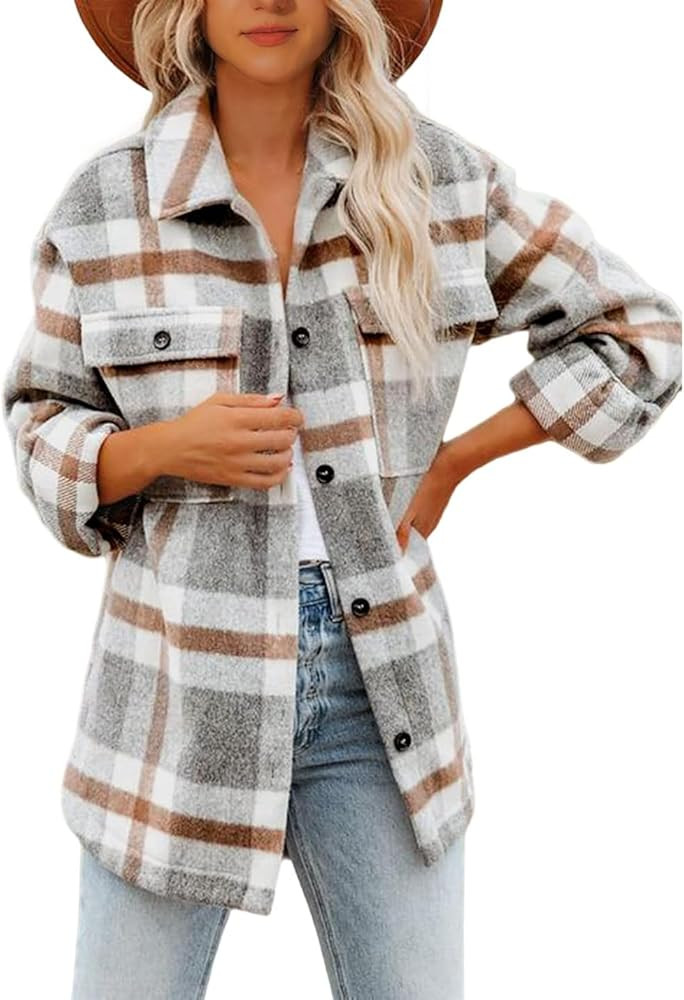 Lviefent Womens Casual Wool Blend Plaid Flannel Shackets Jacket Button Down Shirt Coat | Amazon (US)