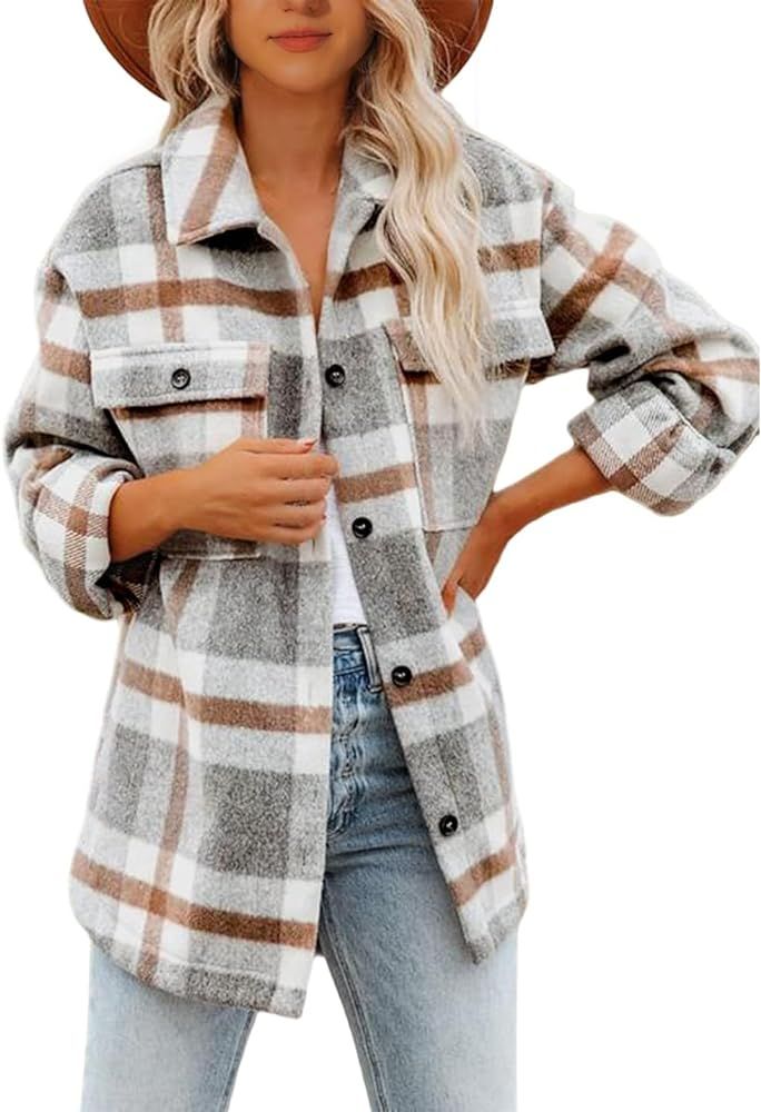 Lviefent Womens Casual Wool Blend Plaid Flannel Shackets Jacket Button Down Shirt Coat | Amazon (US)