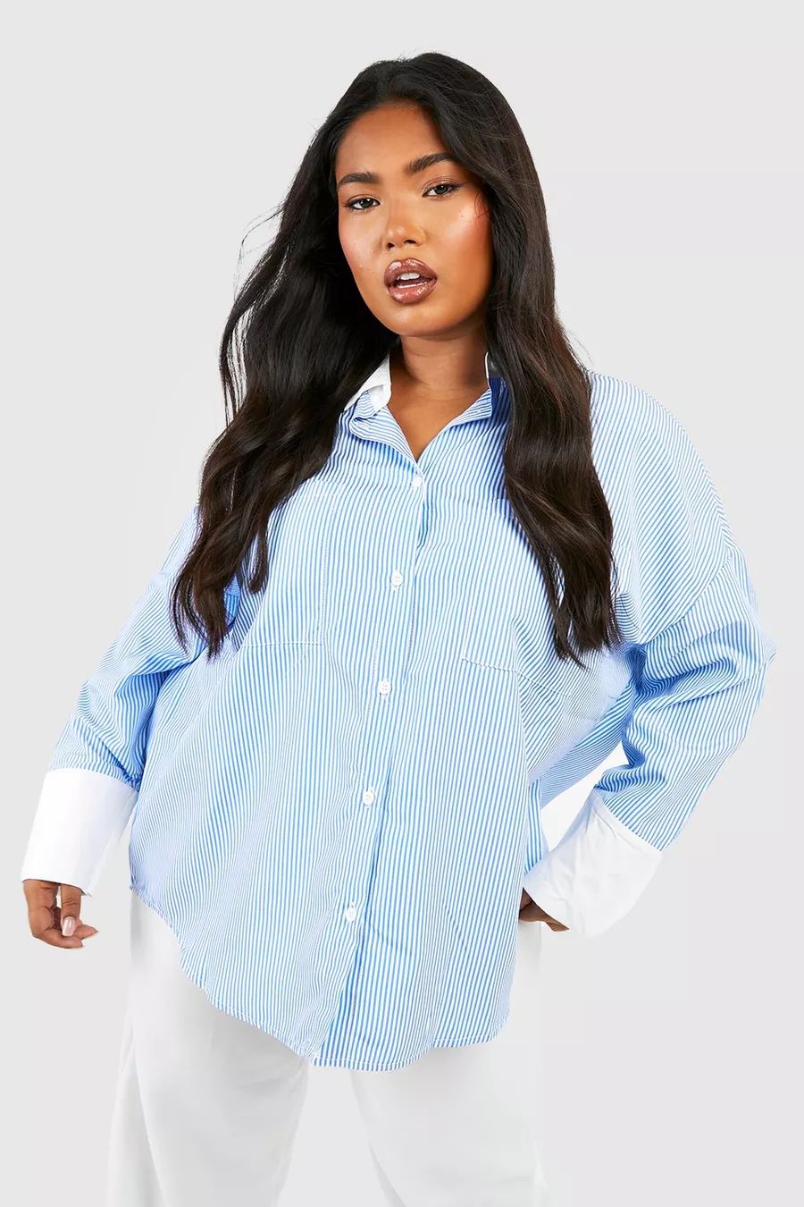 Blue Plus Contrast Collar Stripe Oversized Shirt | Boohoo.com (UK & IE)