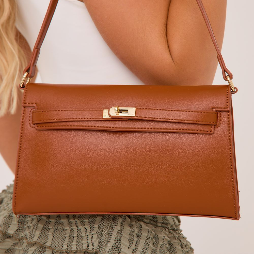 Rosi Lock Detail Rectangle Shaped Shoulder Tote Bag In Tan Brown Faux Leather | EGO (UK)