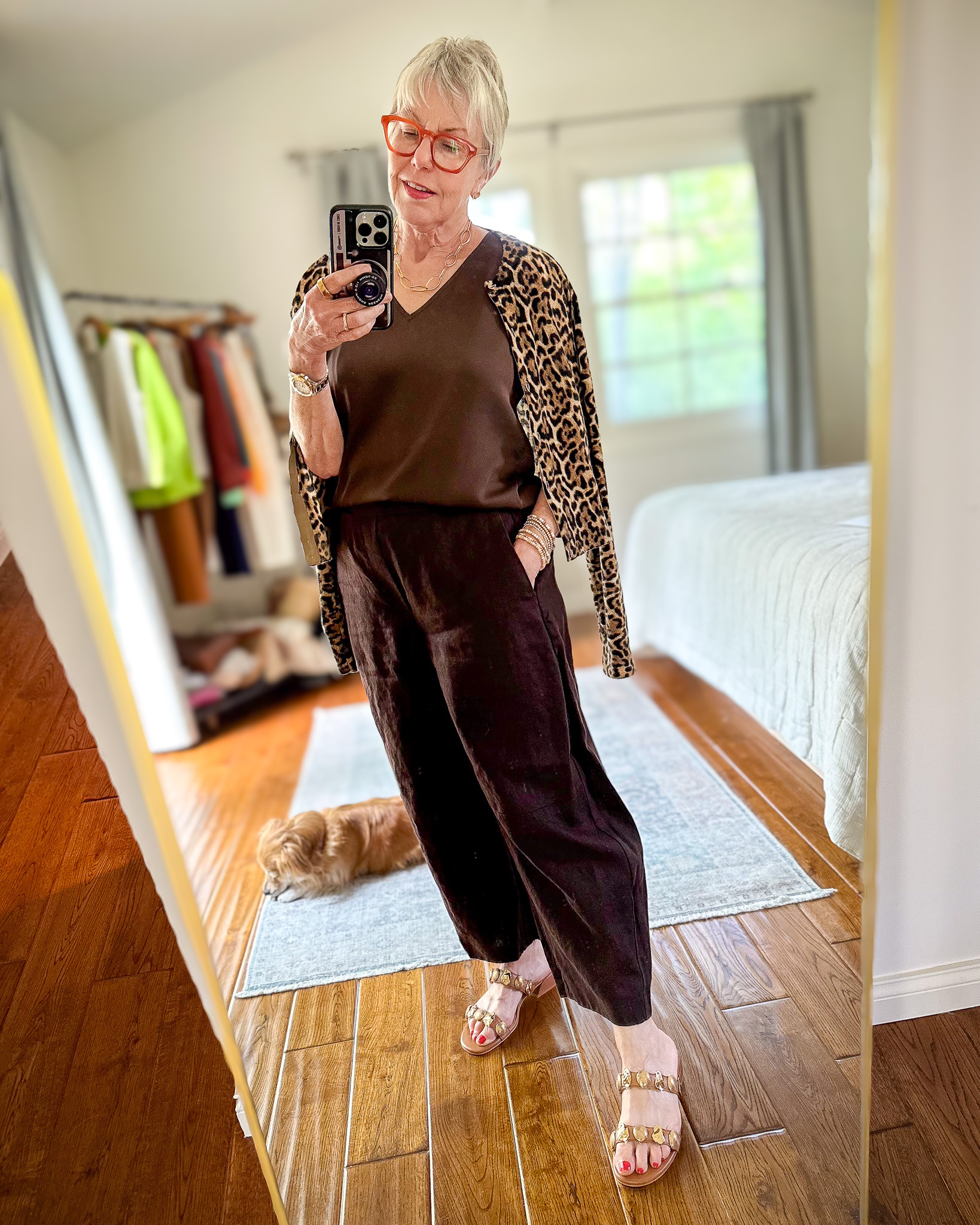 Easy summer layers for fluctuating temperatures. Linen pants with a silk tank and leopard print cardigan, embellished slide sandals. 

 #LTKSeasonal #LTKOver40 #LTKPetite