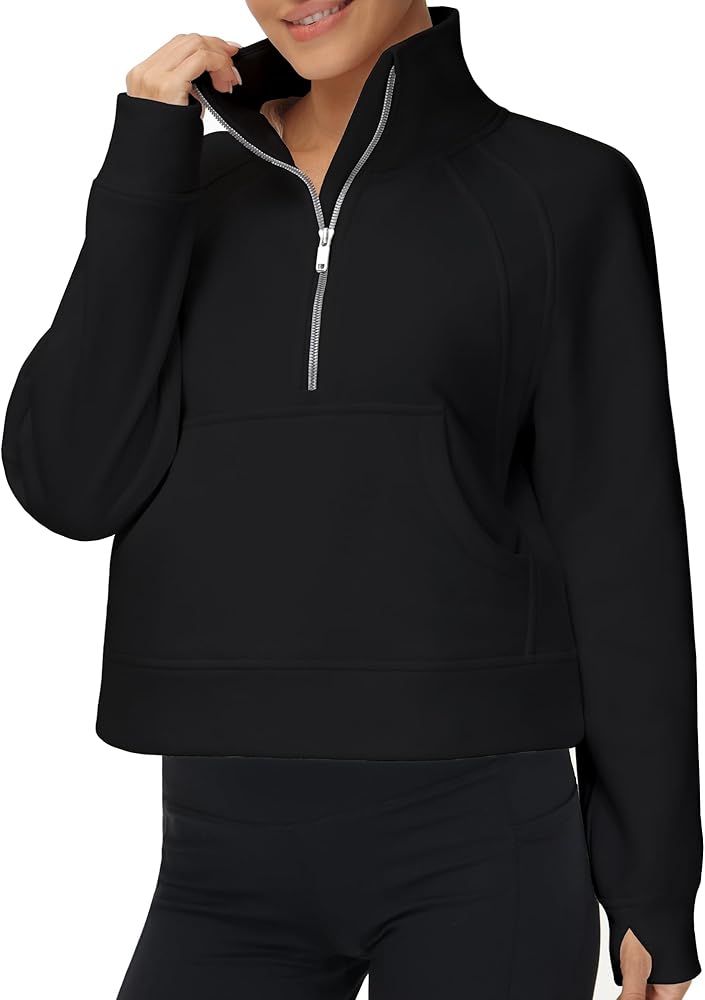Tmustobe Women's Fleece Lined Crop Pullover Half Zip Long Sleeve Sweatshirt Athletic Workout Tops with Pockets Thumb Hole | Amazon (US)