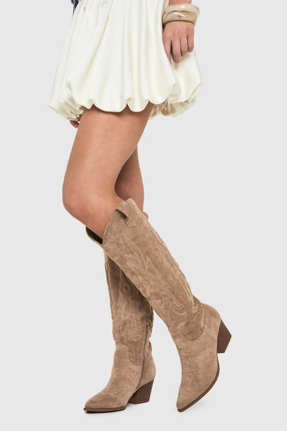 boohoo Faux Suede Knee High Embroidered Western Boots | PrettyLittleThing UK
