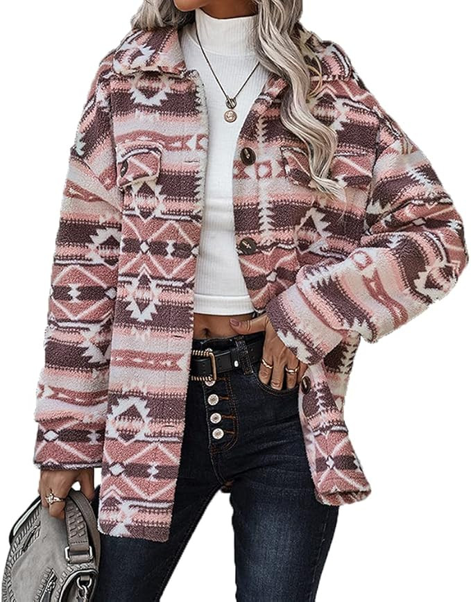 TIAFORD Western Aztec Print Shacket Jacket Women Aztec Print Button Down Fuzzy Fleece Jackets for... | Amazon (US)