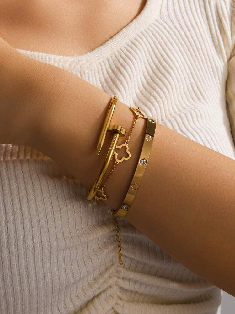 3pcs/Set Stainless Steel Golden Nail & Clover Bracelet & Clover Bracelet Set, Suitable For Women'... | SHEIN