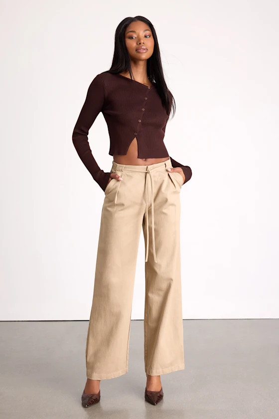 Ruthie Beige Tie-Front Mid-Rise Trouser Pants | Lulus