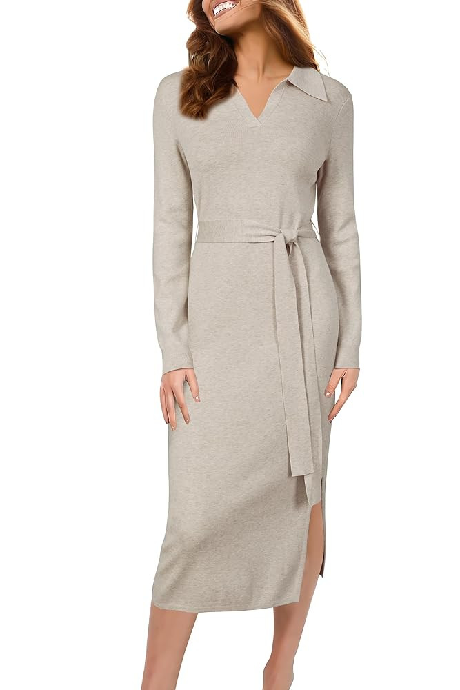 Arach&Cloz Vestidos tipo suéter tipo polo de mezcla de lana para mujer, vestido de negocios de o... | Amazon (US)