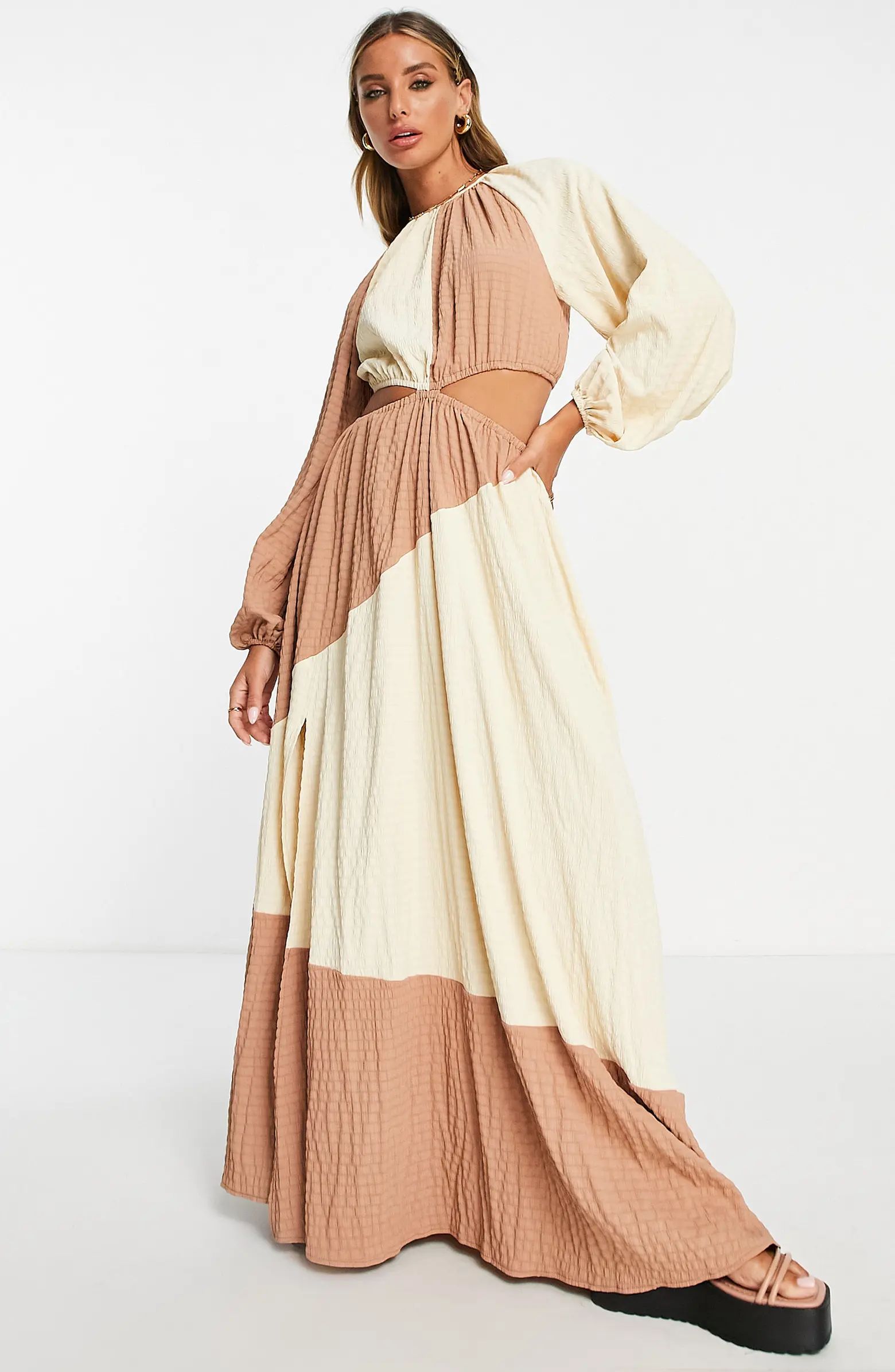 ASOS DESIGN Colorblock Cutout Long Sleeve Maxi Dress | Nordstrom | Nordstrom