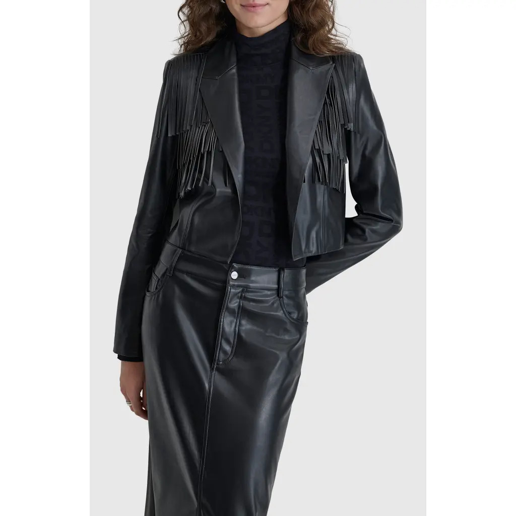 DKNY Fringe Detail Faux Leather Jacket in Black at Nordstrom, Size Small | Nordstrom