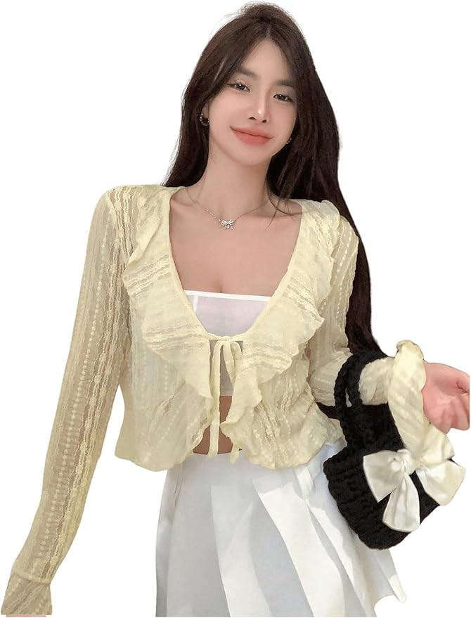 GORGLITTER Women's Bow Tie Front Crop Top Ruffle Trim Flounce Long Sleeve Mesh Sheer Blouse Shirt | Amazon (US)