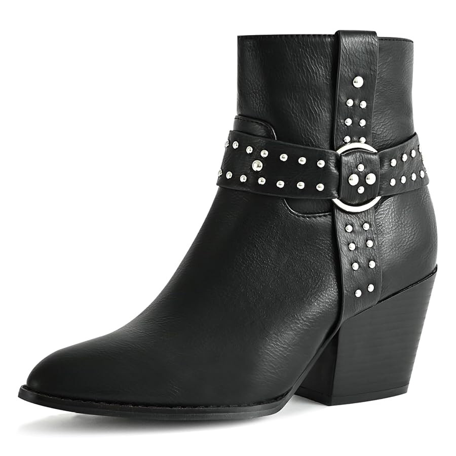 Chunky Stacked Heel Ankle Boots for Women Pointed Toe Chelsea Combat Boots Mid Calf Side Zipper S... | Amazon (US)