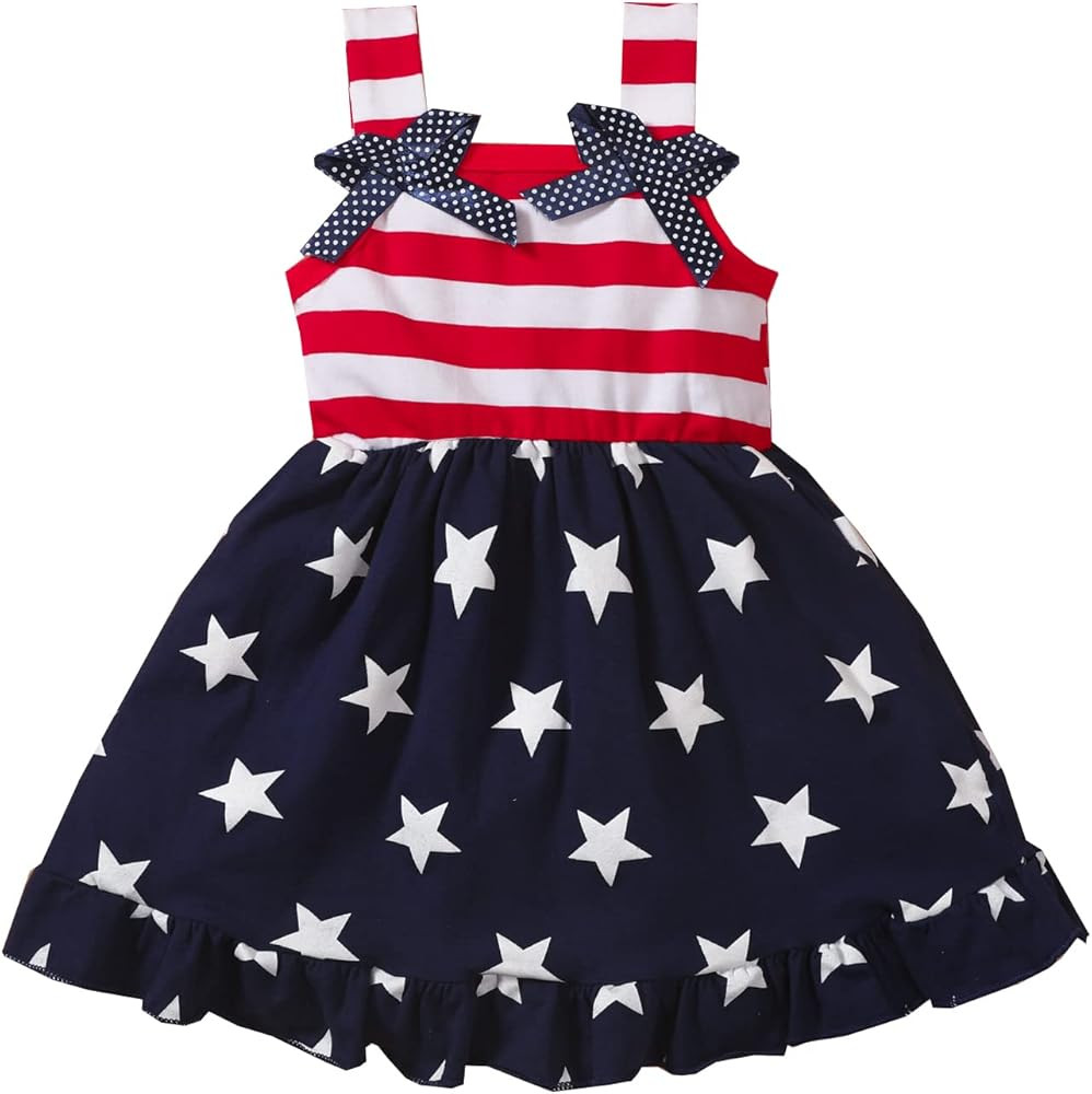 Toddler Baby Girls 4th of July Outfit Straps Bowknot Stars Striped Dress Summer Independence Sund... | Amazon (US)