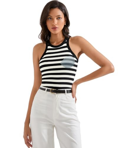 SUUKSESS Women Padded Cotton Ribbed Basic Tank Tops(Black White Stripe,XS) | Amazon (US)