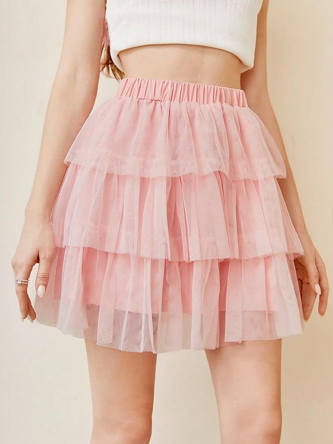 Solid Mesh Overlay Skirt - Casual Pink Short Skirt with Contrast Mesh and Tiered Layer (Color : P... | Amazon (US)