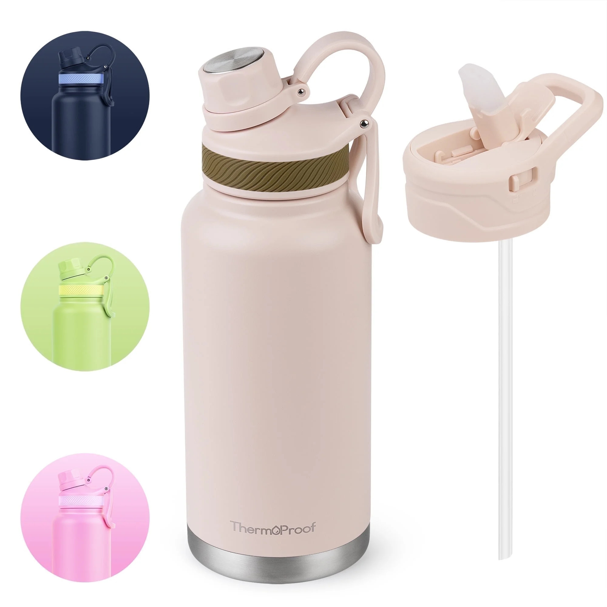 ThermoProof 32 oz Taupe Stainless Steel Water Bottle, Vacuum Insulated, Wide Mouth, Spout & Straw... | Walmart (US)