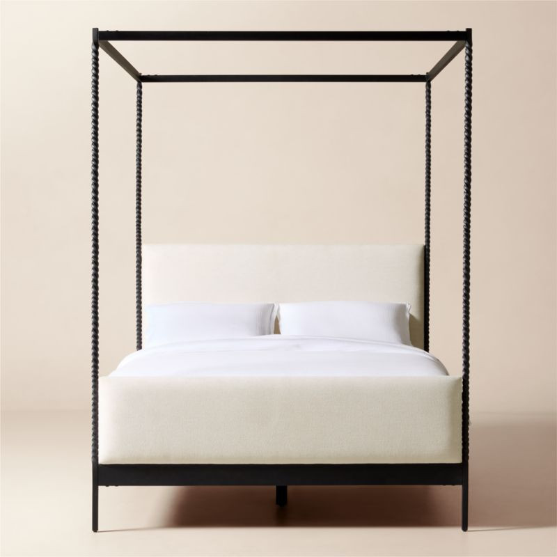 Amani Hand-Forged Steel Framed Warm White Upholstered Canopy Queen Bed + Reviews | CB2 | CB2