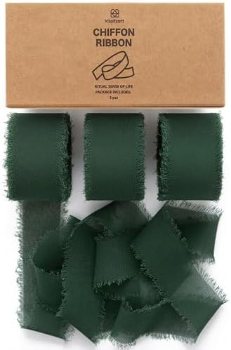 Vitalizart Dark Green Chiffon Silk Ribbon 1" x 21 Yd Fringe Fabric Package (3 Rolls * 7 Yd) for W... | Amazon (US)