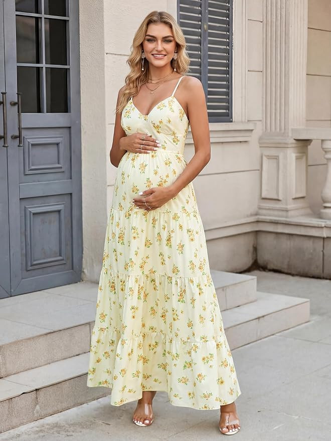 HTZMO Maternity Floral Summer Maxi Dress Bow Tie V Neck Baby Shower Photoshoot Casual Boho Long S... | Amazon (US)