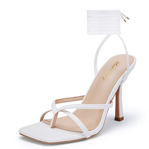 Elisabet Tang Women Sexy Strappy Heeled Sandals,4 inch/10cm Lace Up Square Open Toe Heels Stiletto Thong Sandal High Heel Sandals Shoes White Size 9.5 | Amazon (US)
